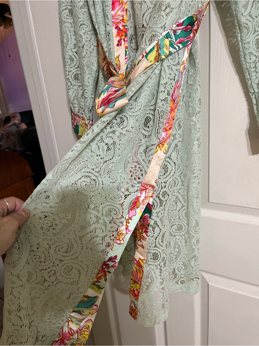 POL Mint Green Lace Kimono Coat with Floral Trim - Picture 2 of 8